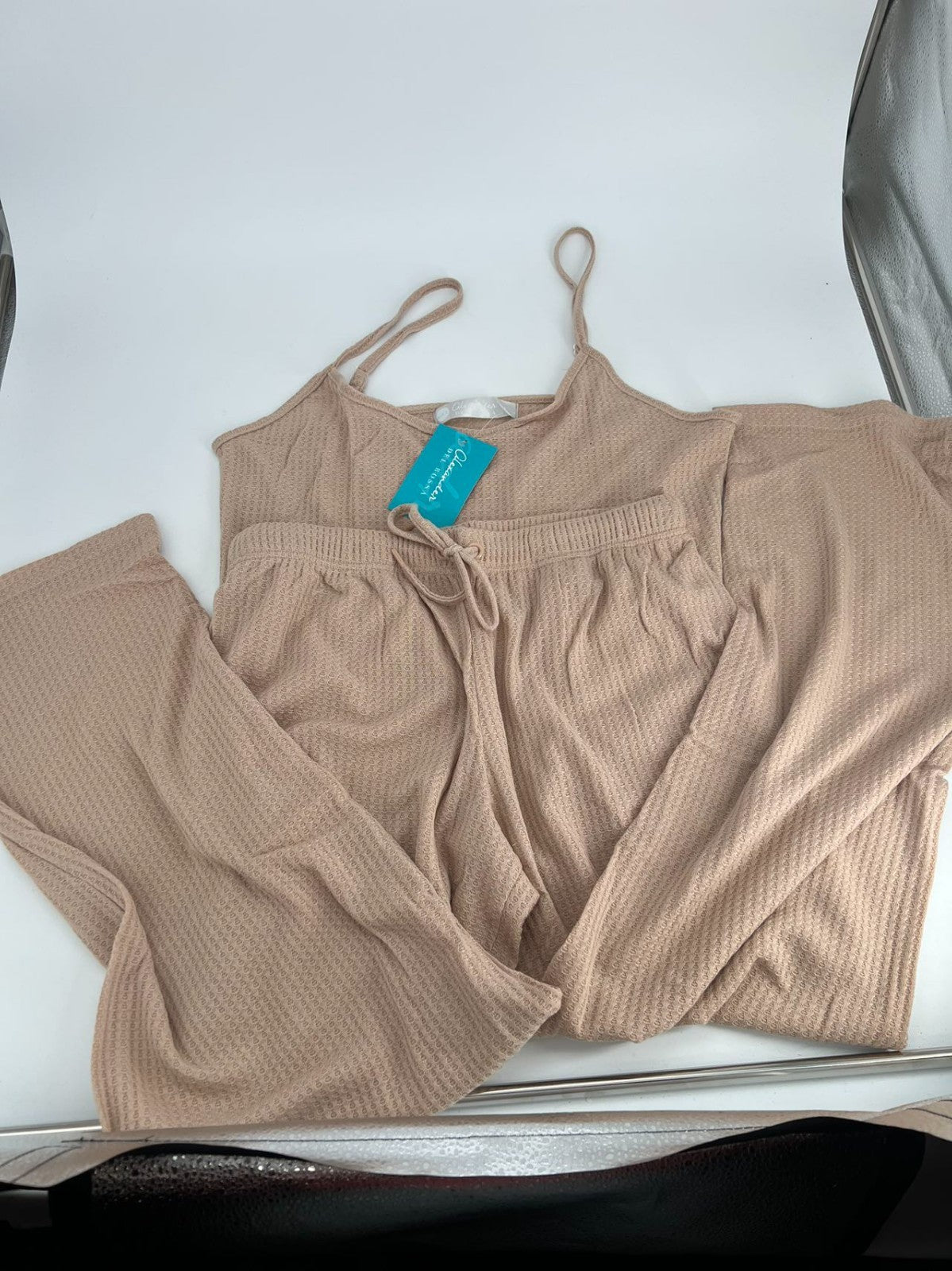Women's Cami Top & Pants, Pajamas with Pockets, Spaghetti Straps Beige Size L