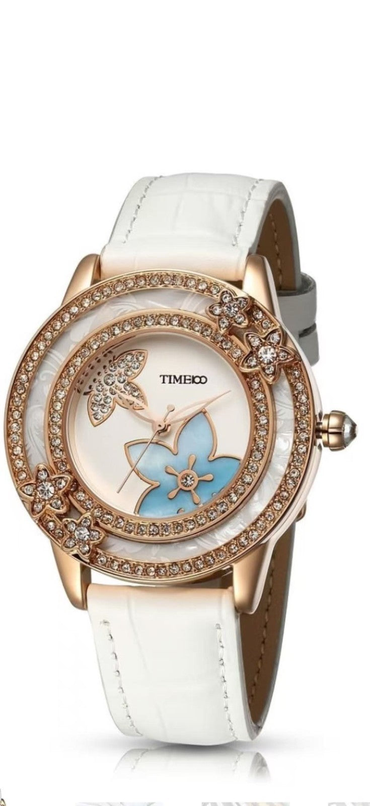 winkle Flower Diamonds-Set Cowhide White Leather Strap Ladies Watch