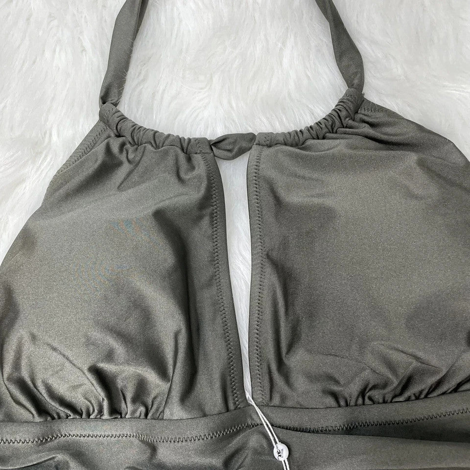2XL Women Ruched Cutout Halter Self Tied Bathing Suit olive gree
