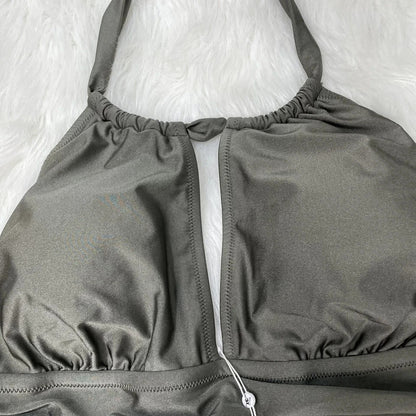 2XL Women Ruched Cutout Halter Self Tied Bathing Suit olive gree