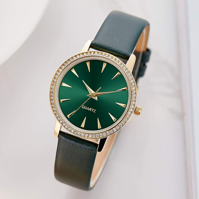 Japanese Quartz Fashion Waterproof Wrist Watch Women Crystal Dial Leather green