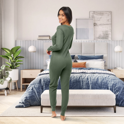 Women's Waffle Knit Thermal  Pajama Romper green Size XL