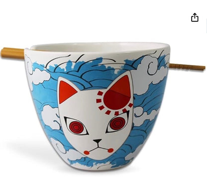 2 pcs Demon Slayer Tanjiro Fox Mask 16 oz Ramen Bowl Chopsticks Ceramic Clouds