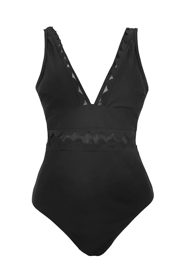 Swimsuit Black Mesh Scallop One Piece Womens V Neck Size S