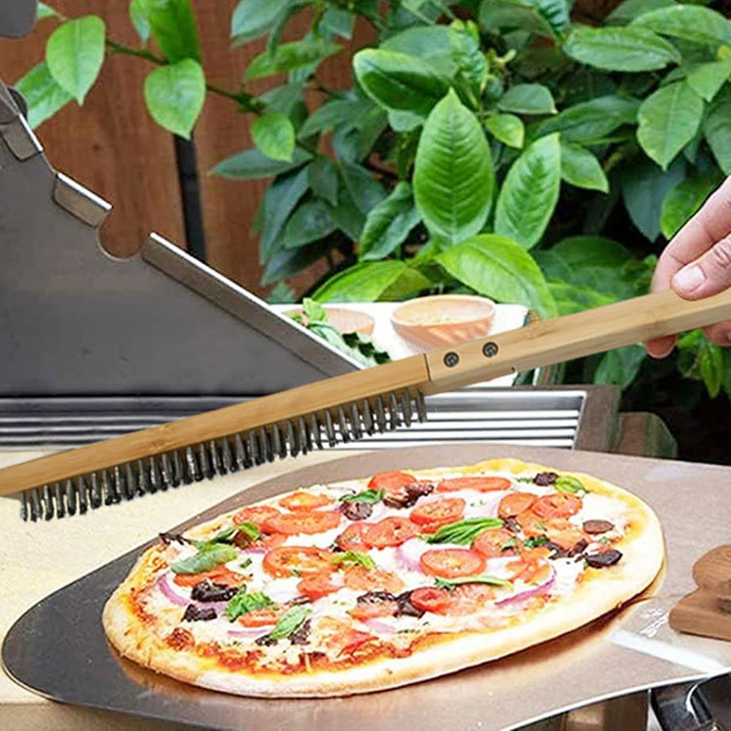 Pizza Oven Brush with Scraper, Pizza Stone Cleaning Brush, Brass Bristles Pizza