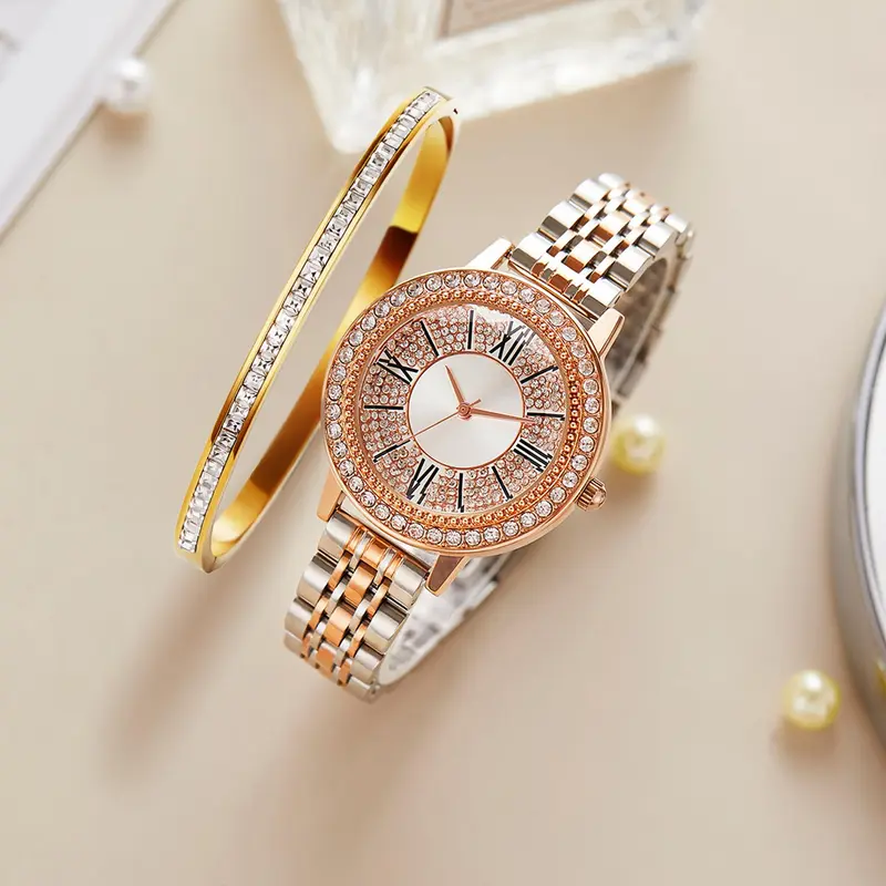 Women's Watch Set Premium Crystal Accented Bangle Watch and Bracelet Watch