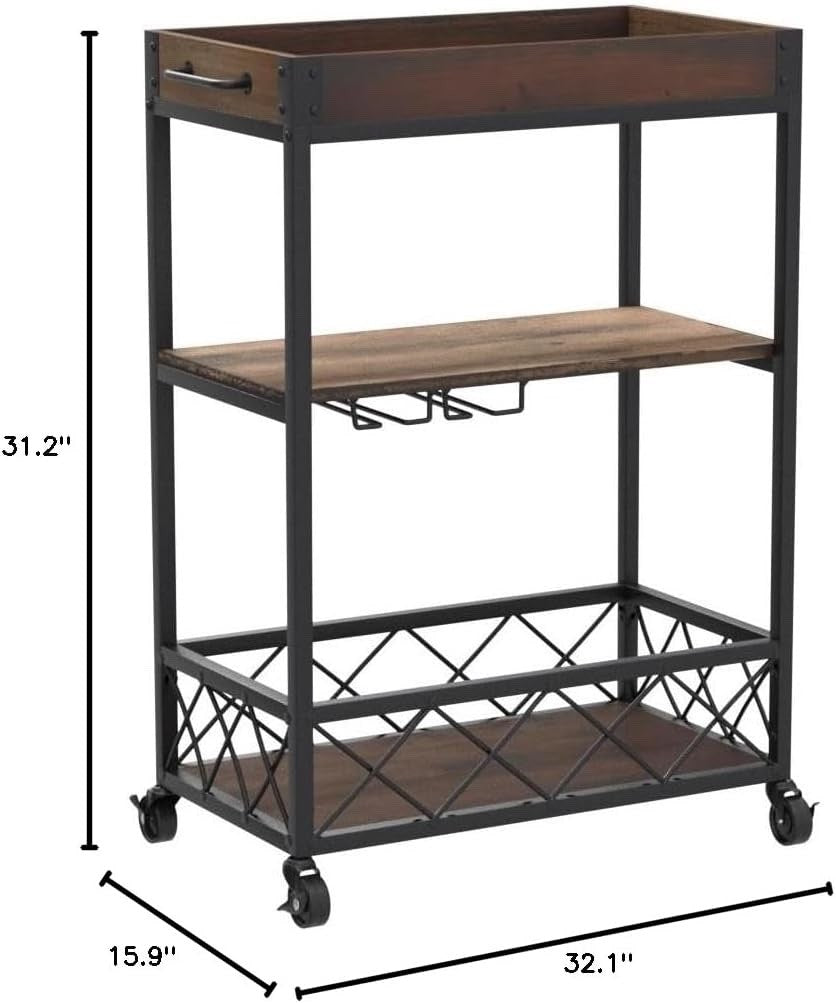CharaVector Solid Wood Bar Cart with Wine Rack & Locking Wheels – Rustic Brown