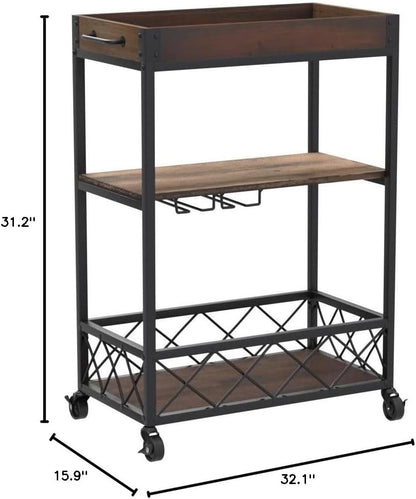 CharaVector Solid Wood Bar Cart with Wine Rack & Locking Wheels – Rustic Brown