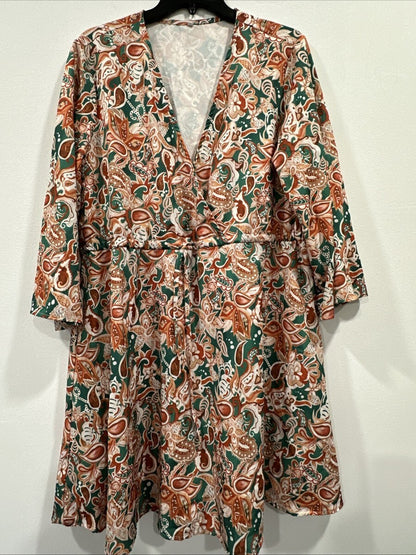 Women’s Faux Wrap Dress, Knee Length, Paisley Print, Size S
