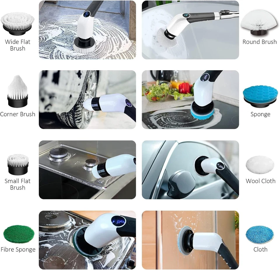 Rechargeable Cordless Spin Scrubber Electric Scrub Cleaning Brush 8 Heads Voice.