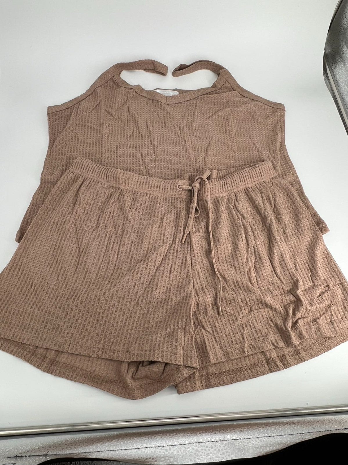 Women's Satin Sleeveless Top & PJ Shorts Pajamas Set Shadow Beige 2X