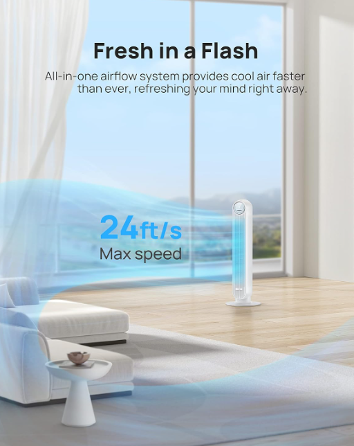Open‑Box 36″ White Bladeless Tower Fan – 4 Speeds, Timer, Free Priority Shipping