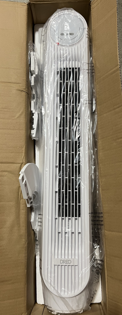 Open‑Box 36″ White Bladeless Tower Fan – 4 Speeds, Timer, Free Priority Shipping