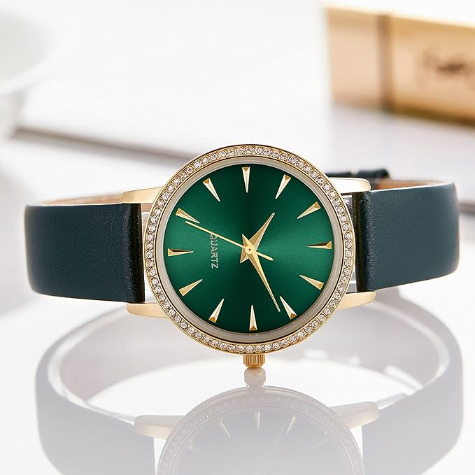 Japanese Quartz Fashion Waterproof Wrist Watch Women Crystal Dial Leather green