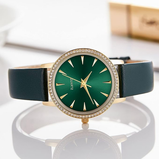 Japanese Quartz Fashion Waterproof Wrist Watch Women Crystal Dial Leather green