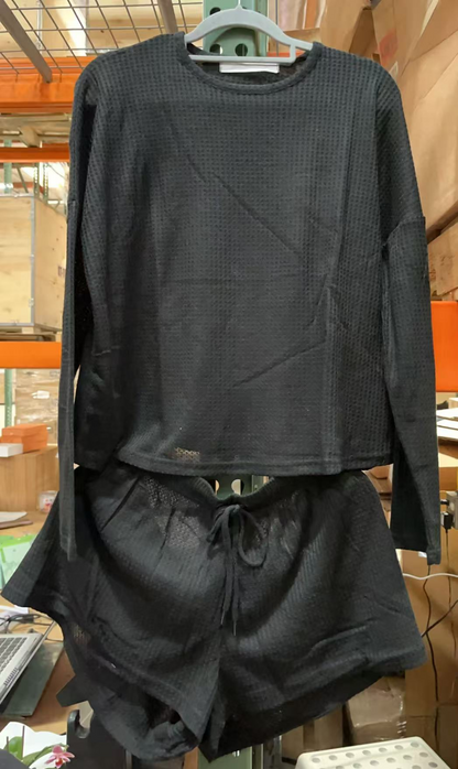 Women's Knit Pajamas Set, Long Sleeve Top and Pajama Shorts,Color:Black,Size:XL.