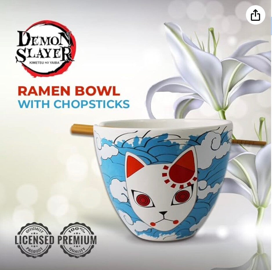 2 pcs Demon Slayer Tanjiro Fox Mask 16 oz Ramen Bowl Chopsticks Ceramic Clouds