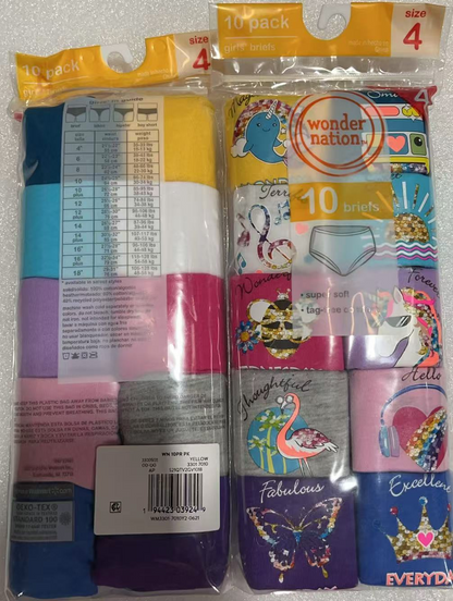 20PCS Wonder Nation 10 Pack Girls Briefs/Panties Size4 Multi Color Days Of Week