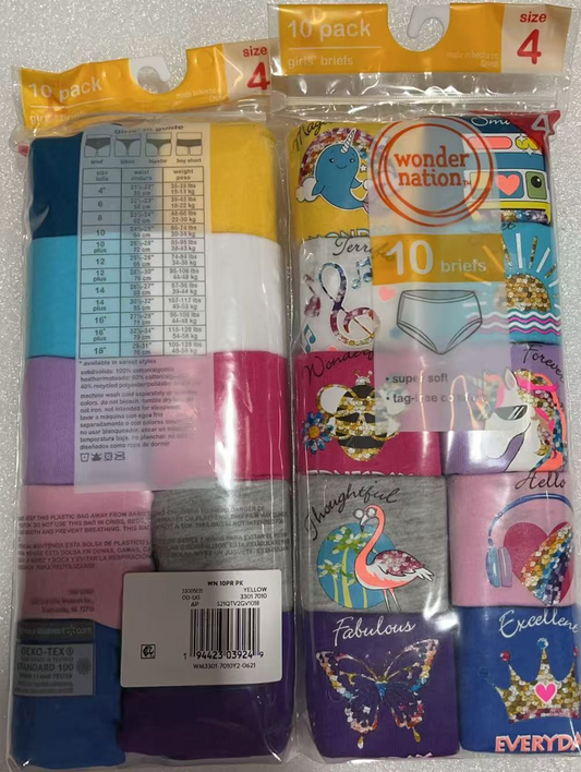20PCS Wonder Nation 10 Pack Girls Briefs/Panties Size4 Multi Color Days Of Week