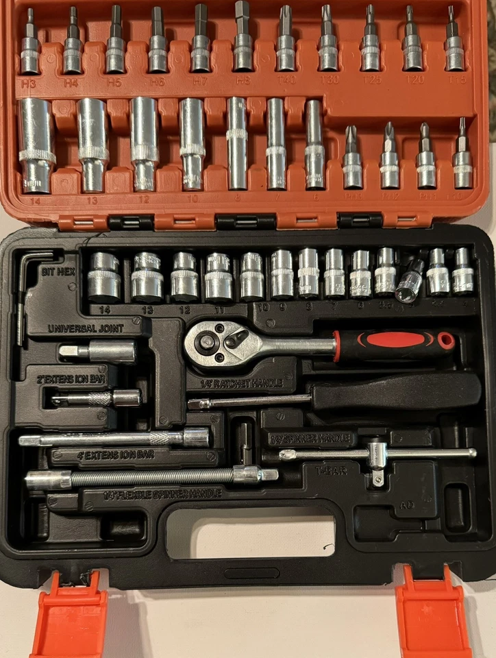53 Piece 1/4” Dr. Socket Set, Bits, Hex Key Wrenches, Ratchet, Metric, Deep, New