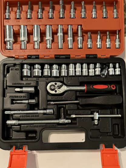 53 Piece 1/4” Dr. Socket Set, Bits, Hex Key Wrenches, Ratchet, Metric, Deep, New