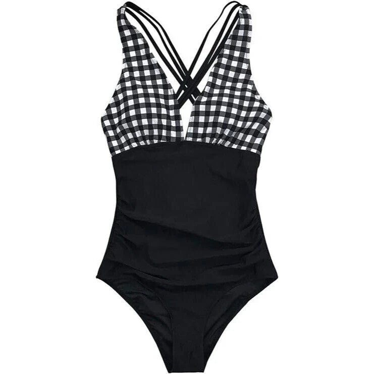 Swimsuit Womens Gingham Ruched Criss-Cross Back XS