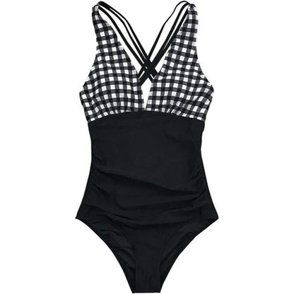 Swimsuit Womens Gingham Ruched Criss-Cross Back XS