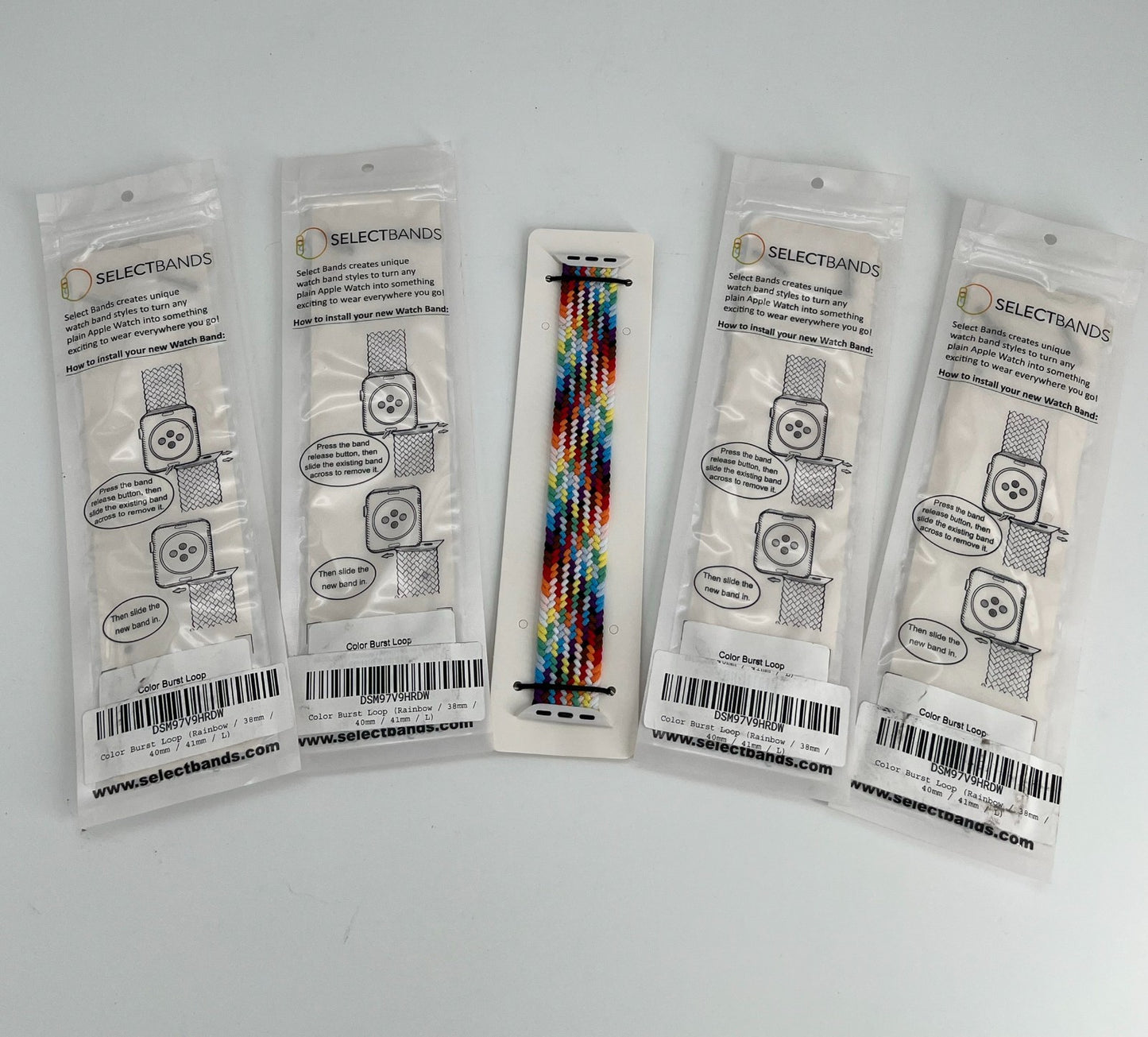 5- Pack L  Color Burst Rainbow Loop Watch Bands 0.8 x 6.7 Inch  Fits