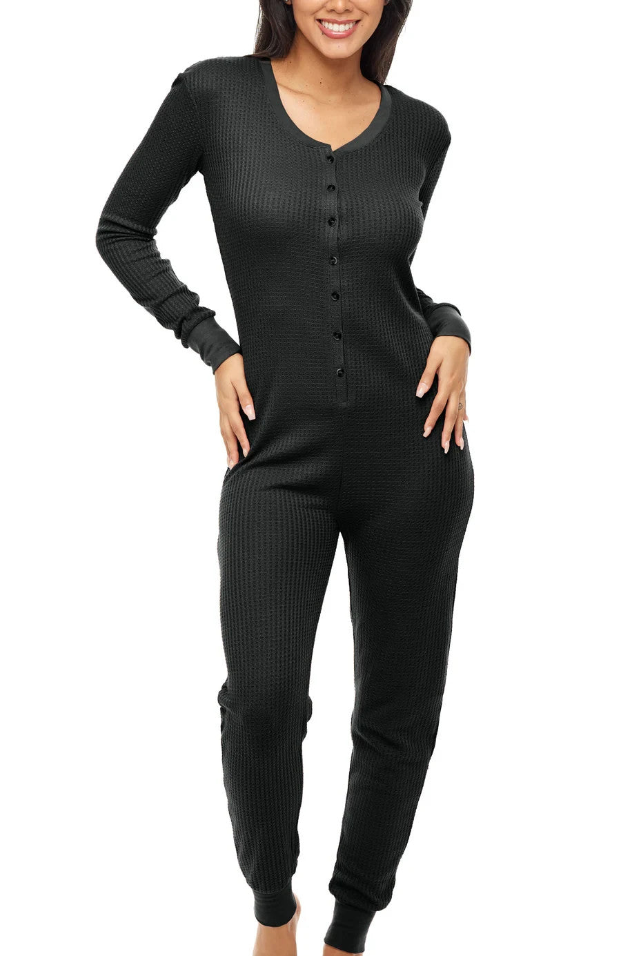 Women's Waffle Knit Thermal Pajama Romper，Color：Black Size:S