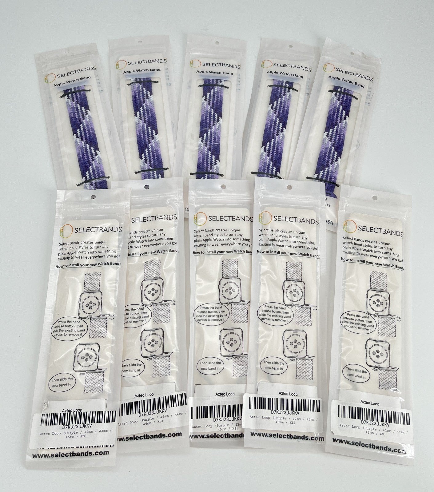 10-Pack XS  purple  Solid Loop Watch Bands 0.8 x 5.6Inch , Fits 42mm/44mm/45mm