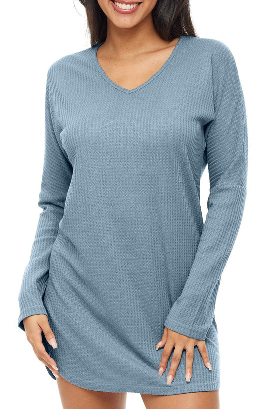 Women's Long Sleeve Knit Nightshirt, V-Neck Sleepshirt, Pajama Top  Color:：Blue