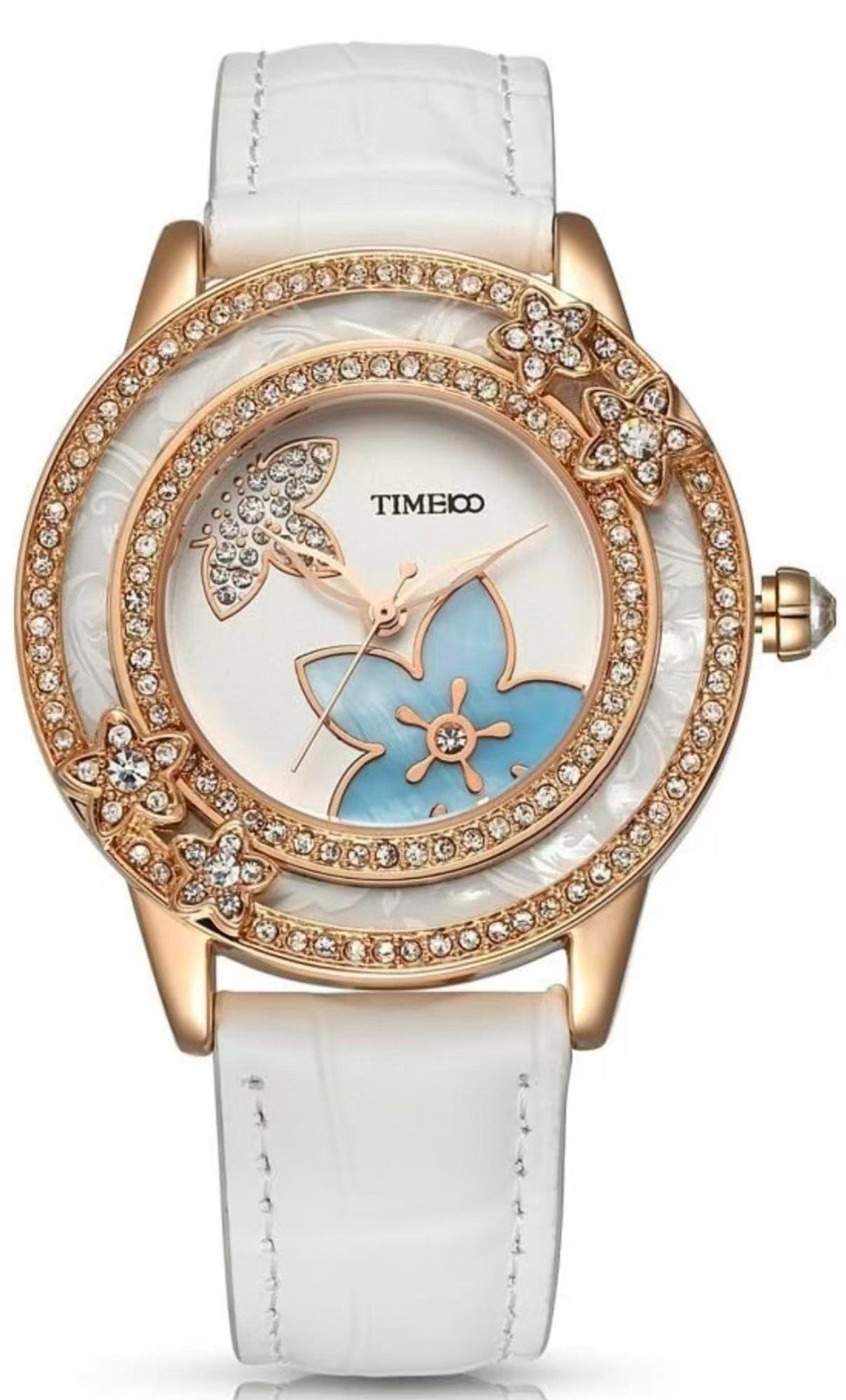 winkle Flower Diamonds-Set Cowhide White Leather Strap Ladies Watch