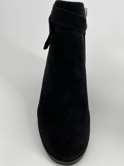 Women’s Black Suede Ankle Booties, Chunky High Heel, Side Zipper, Size 7