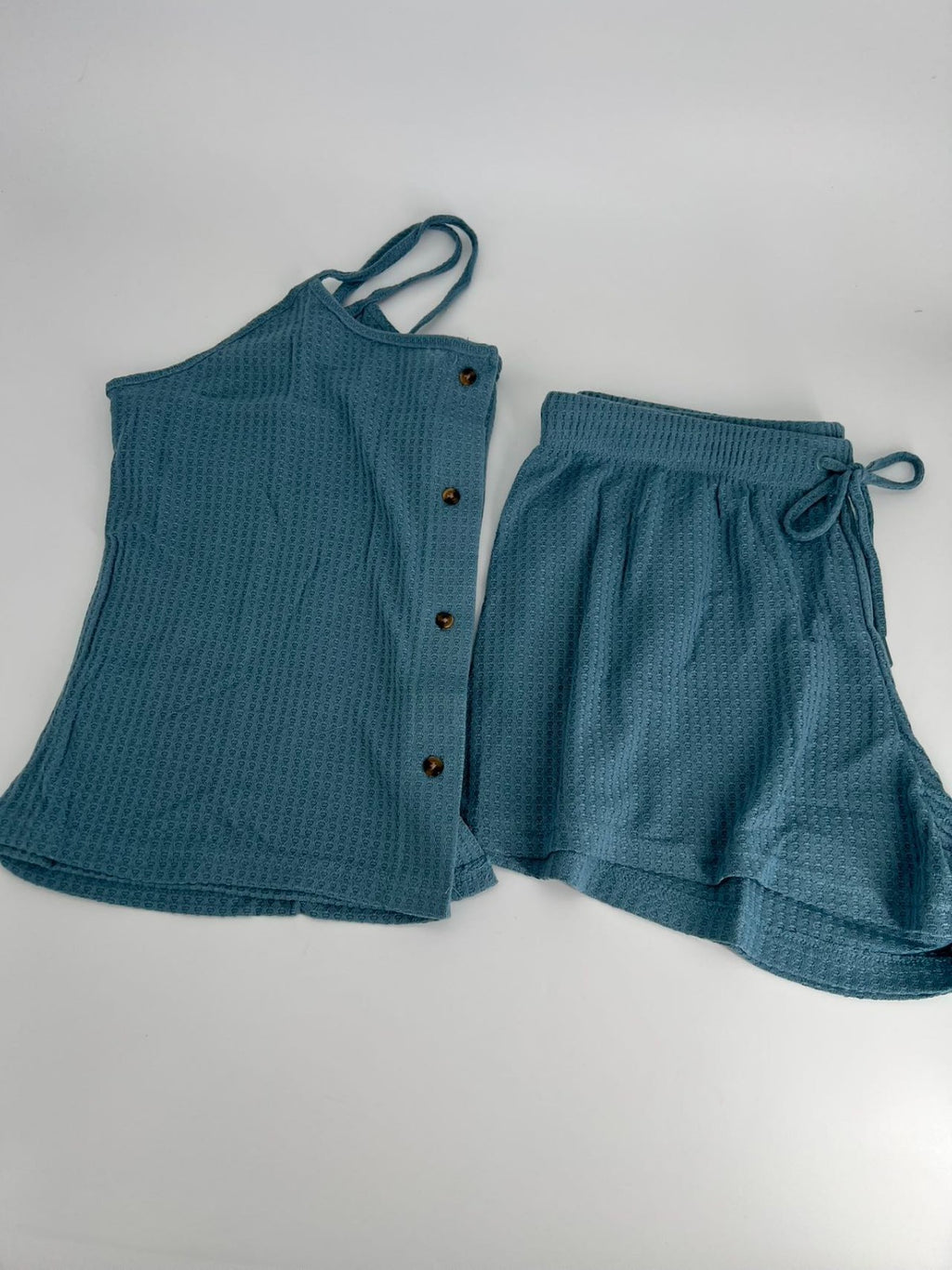 Women's Knit Pajamas Set Sling button top and pajama shorts Sky blue XL