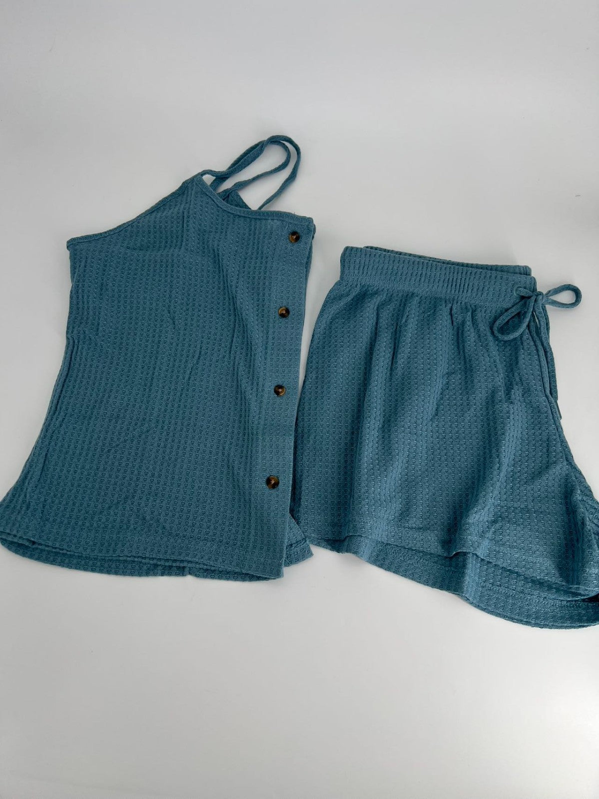 Women's Knit Pajamas Set Sling button top and pajama shorts Sky blue XL