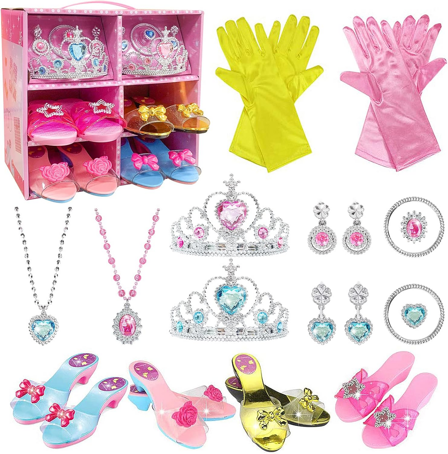 Princess Dress Up Shoes Toys 4 Pairs Girls Plastic Shoes and Jewelry Accessories