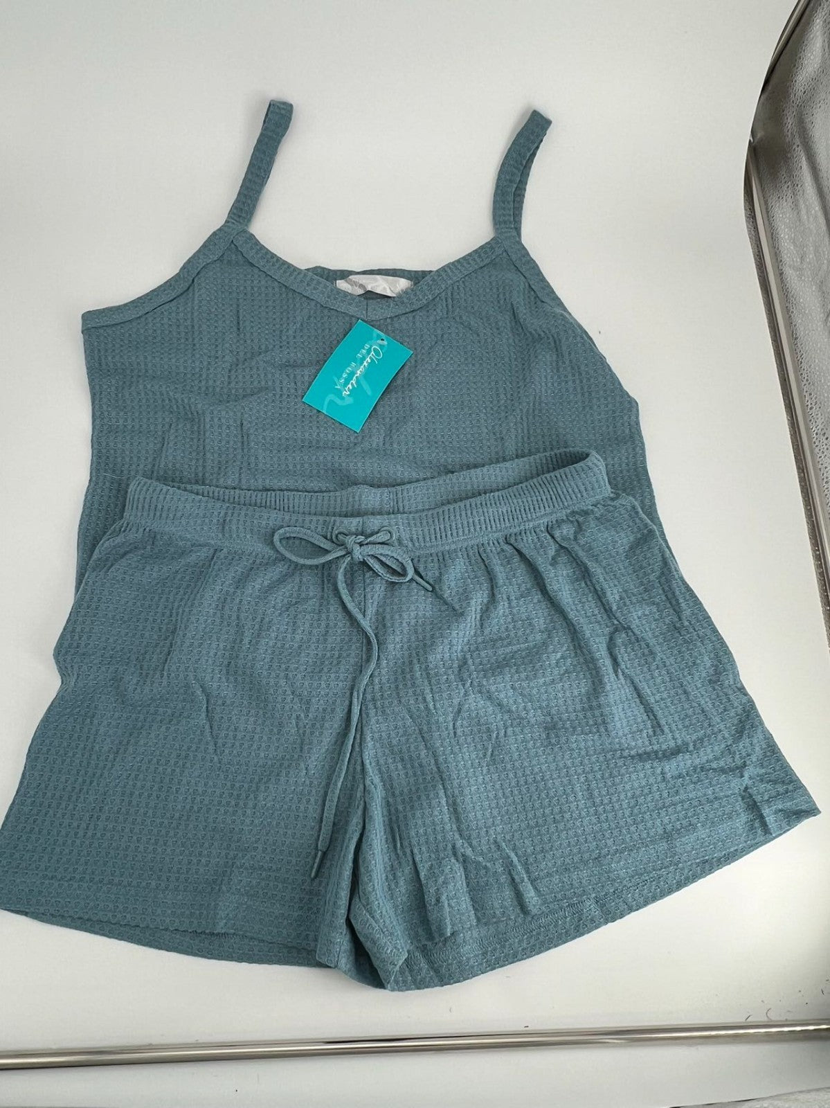 Women's Satin Sleeveless Top & PJ Shorts Pajamas Set Sky blue Size XL