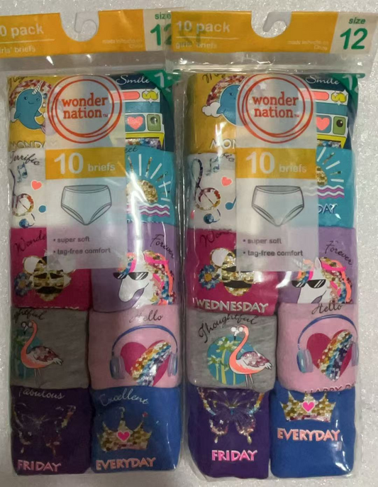 20 PCSWonder Nation 10 Pack Girls Briefs/Panties Size 8 Multi Color Days Of Week