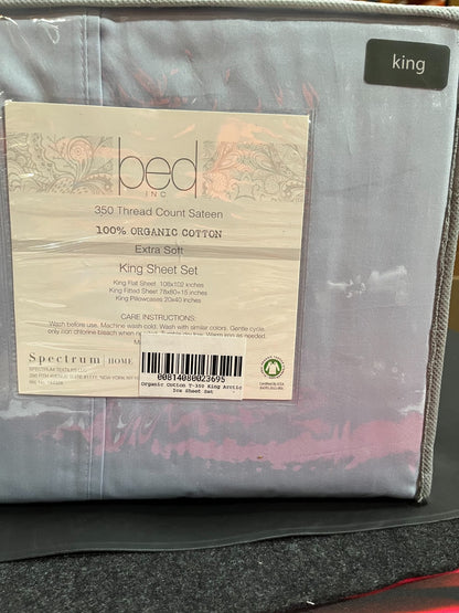Organic Cotton King Sheet Set 350 TC Arctic Ice, 108”x102”, 78”x80”x15”, 20”x40