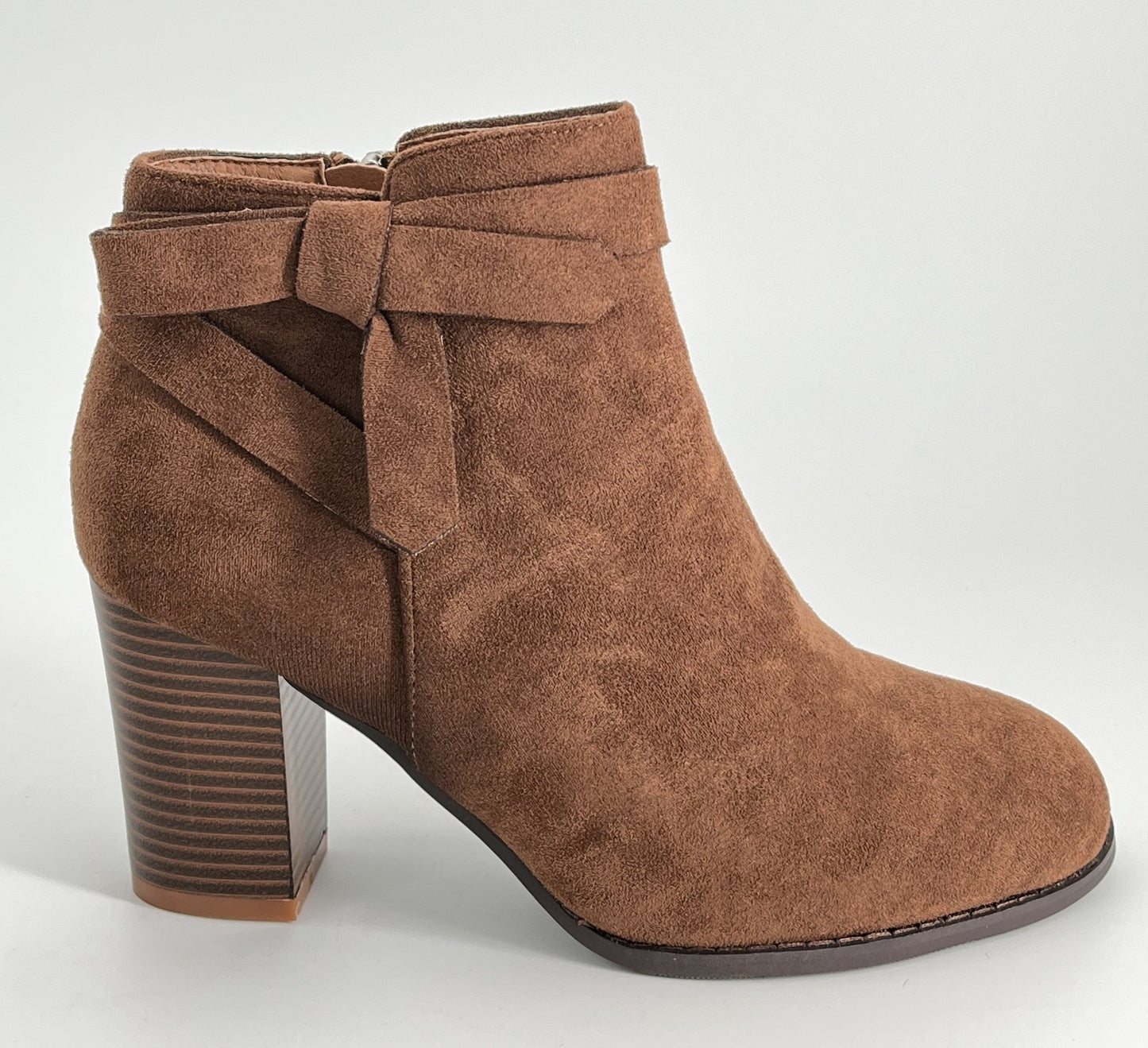 Women Bowknot Round Toe Short Boots Side Zipper Stacked Block High Heel Booties
