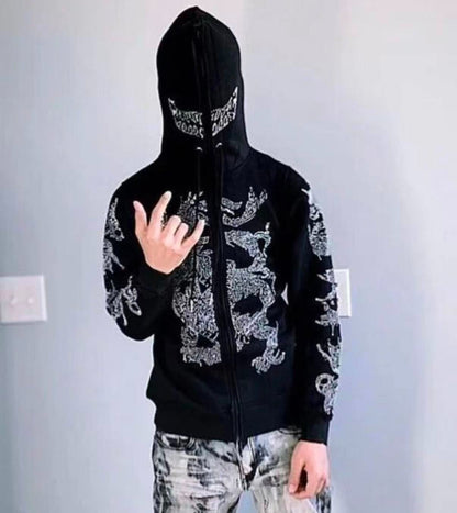 rhinestone dragon Y2K-style full-zip hoodie size (M)
