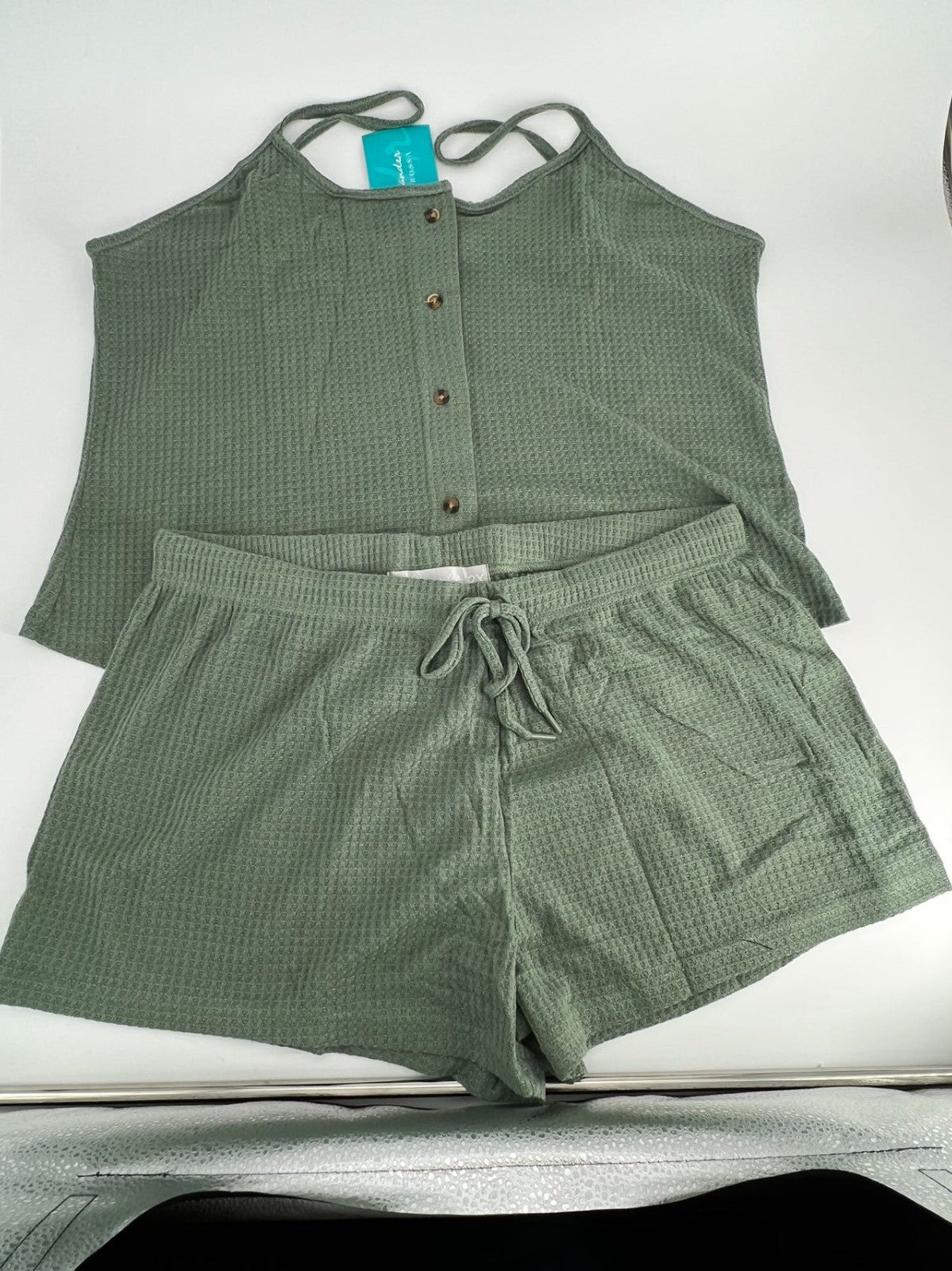Women's Knit Pajamas Set Sling button top and pajama shorts green Size 2X