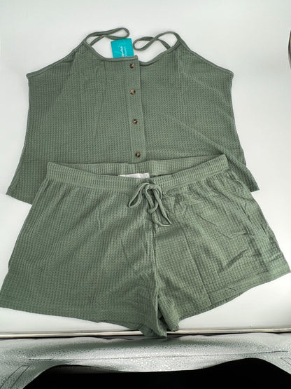 Women's Knit Pajamas Set Sling button top and pajama shorts green Size 2X