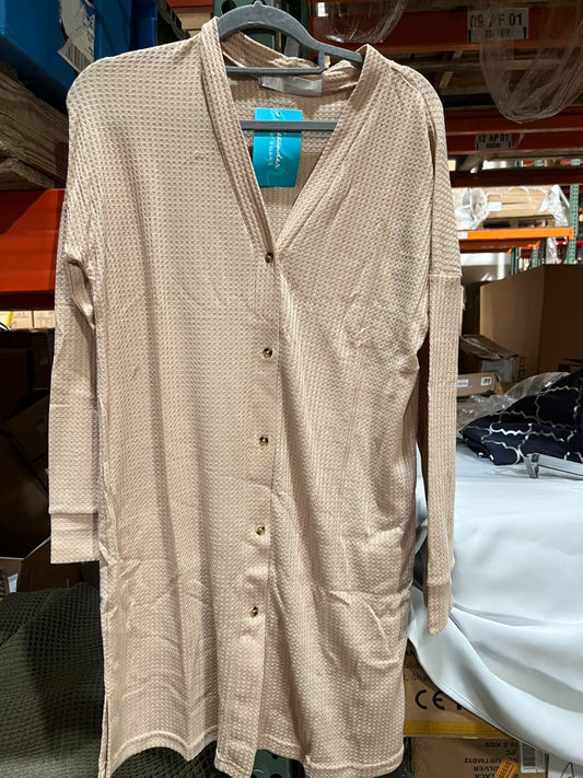 Short Sleeve Nightshirt, Lightweight Button Down Pajama Top Shadow Beige L