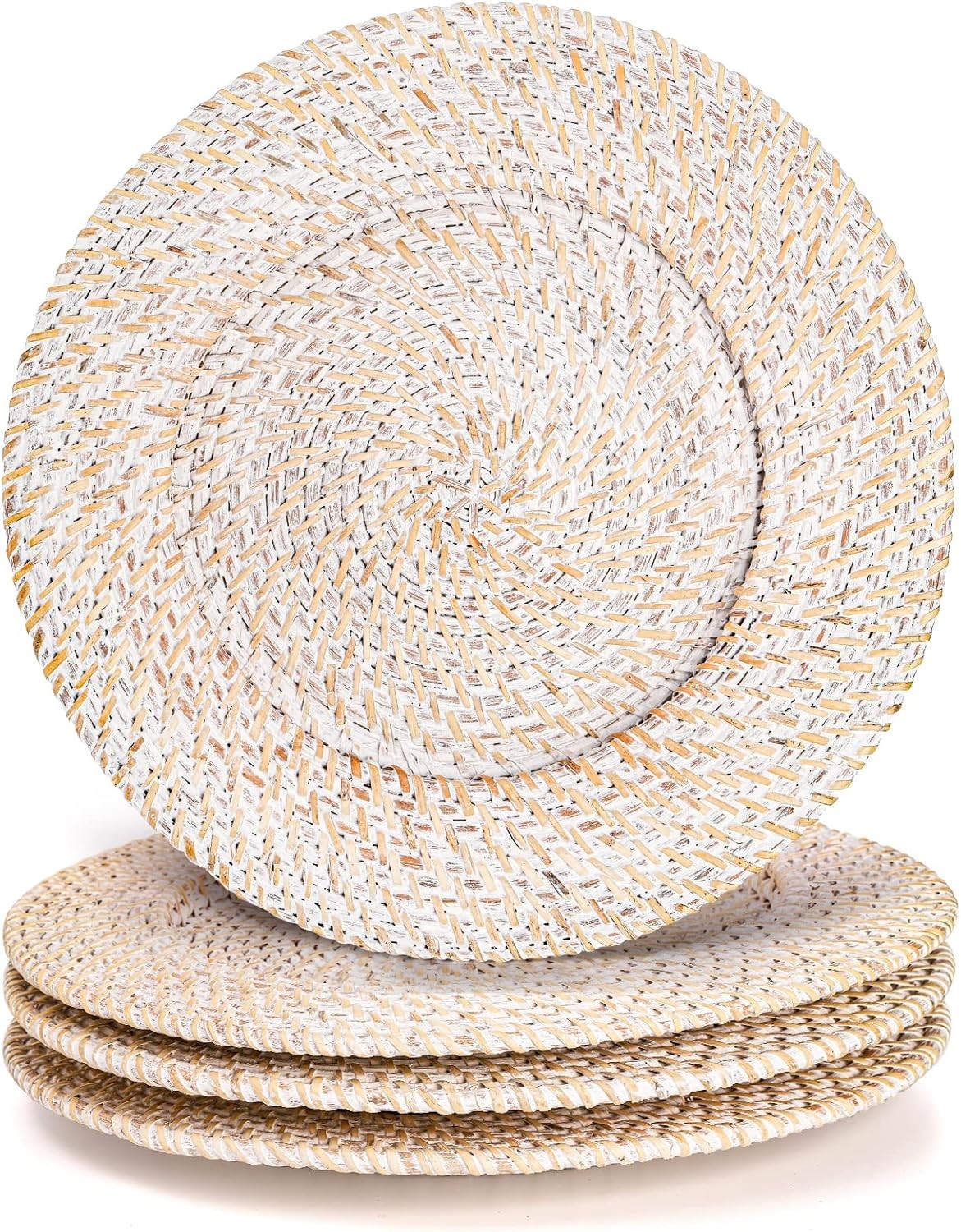 White Rattan Charger Plates 13" Set of 4 Rustic Woven Table Decor