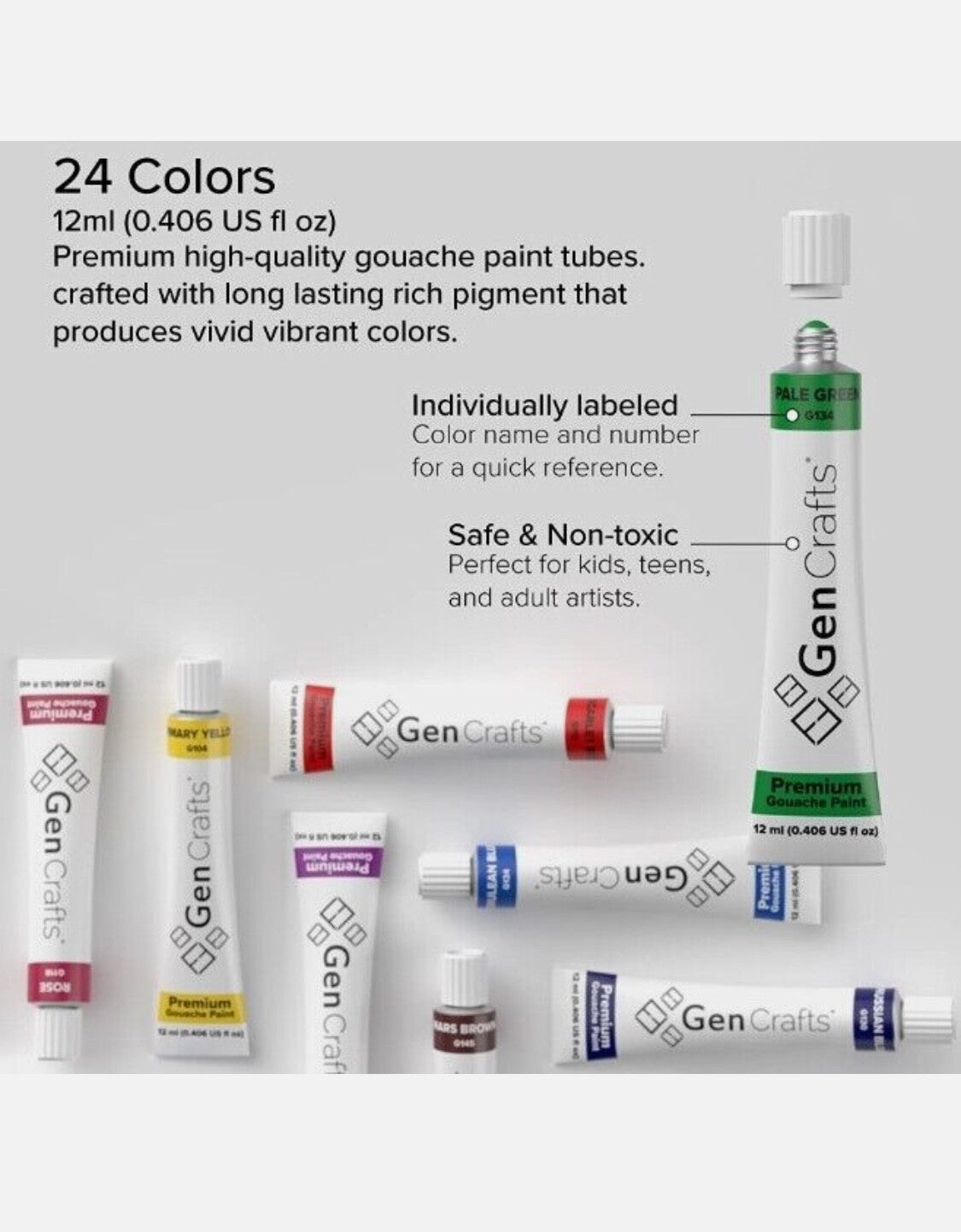 GenCrafts Gouache Paint Tube- 24 Quality Colors 0.4 oz Art Crafts, Canvas, Fabri