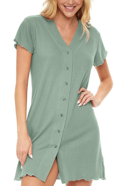 Women's Short Sleeve Knit Nightshirt, Button Up V-neck Sleepshirt, Pajama Top 2X