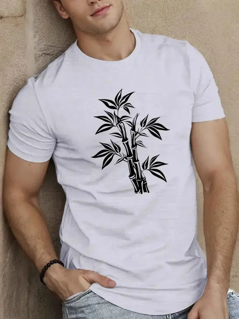 Custom men's Casual Summer T-Shirt with Bamboo Graphic - Short Sleeve, Crew Neck, Lightweight Polyester, Black with White Print